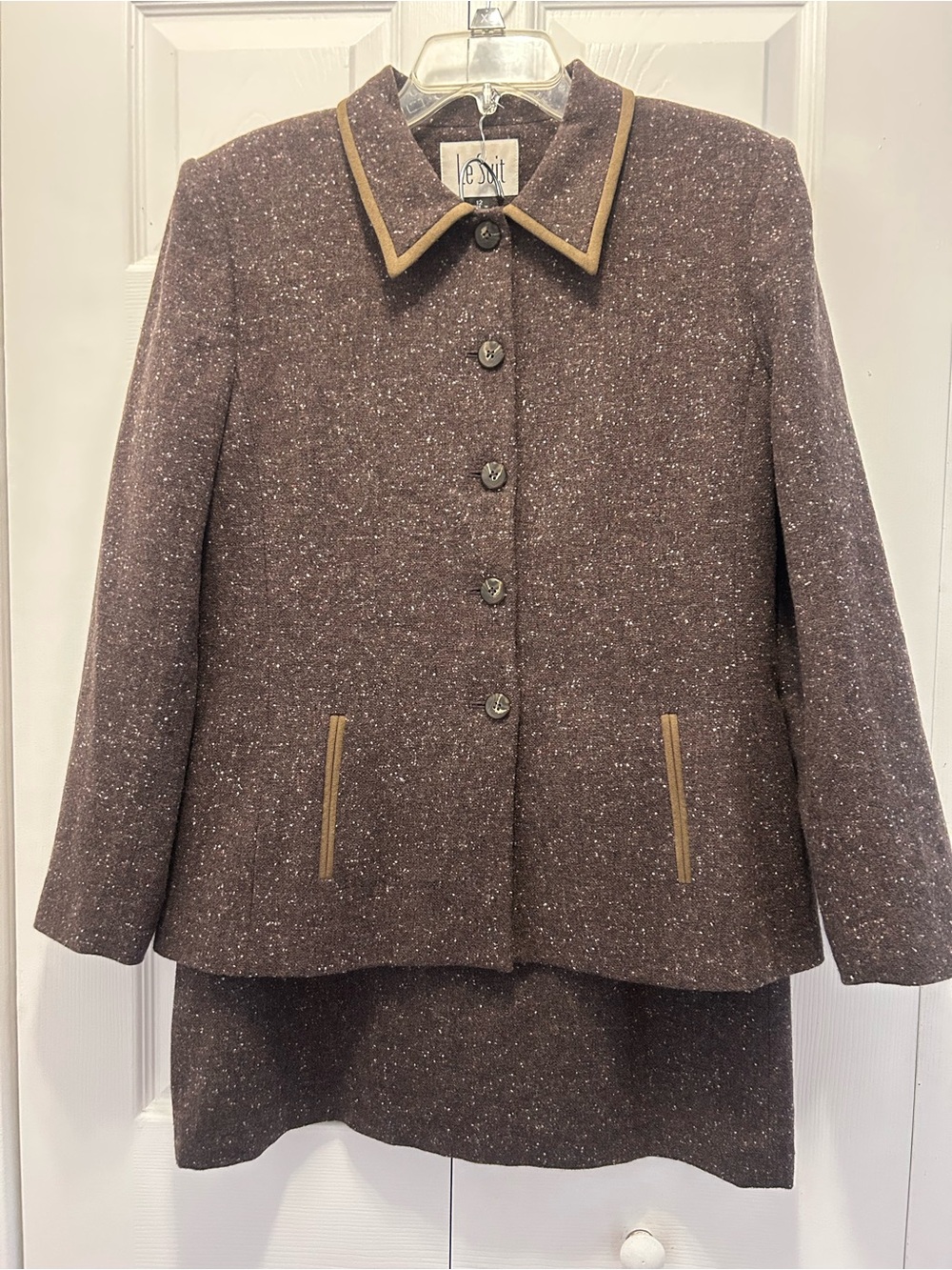 Le Suit Brown Tweed Skirt Set with Tan Trim
